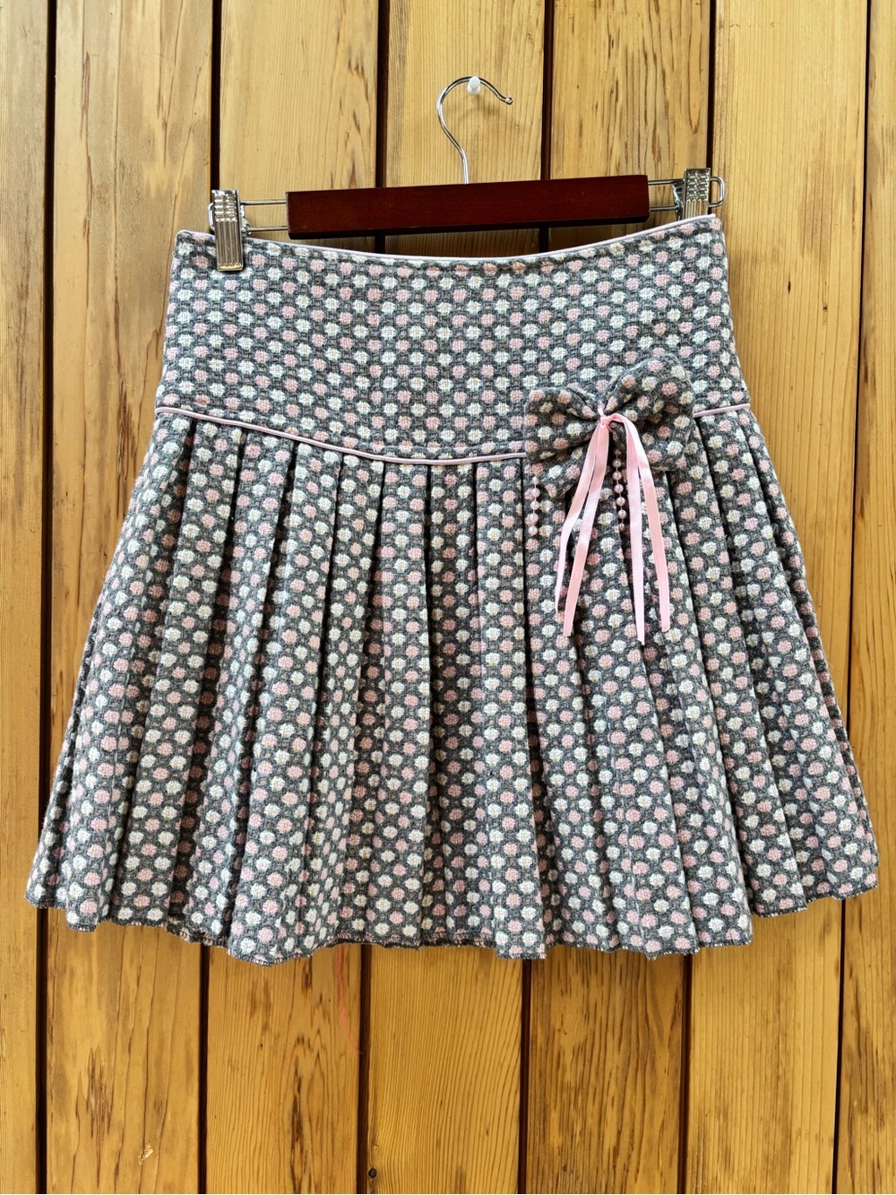 Vintage Coquette Pleated Wool Blend Mini Skirt - Gray & Pink